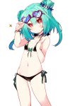  1girl blush collarbone commentary_request double_bun eyewear_on_head flat_chest green_hair highres hololive looking_at_viewer navel red_eyes shirogane_(platinum) simple_background smile solo swimsuit uruha_rushia virtual_youtuber white_background 