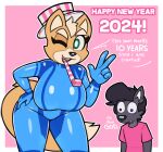 2024 acstlu anthro canid canine clothing crossgender dialogue digital_media_(artwork) duo english_text female fox fox_mccloud full_body_suit gesture hat headgear headwear hi_res holidays looking_at_viewer male mammal metroid mtf_crossgender new_year nintendo one_eye_closed party_horn party_horn_in_mouth pattern_clothing pattern_hat pattern_headgear pattern_headwear phursie pink_background shirt simple_background skinsuit star_fox striped_clothing striped_hat striped_headgear striped_headwear stripes talking_to_viewer text tight_clothing topwear v_sign wink winking_at_viewer zero_suit