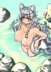  1girl absurdres animal_ear_fluff animal_ears arknights braid breasts censored grey_eyes grey_hair highres holding_own_tail jewelry leopard_ears leopard_girl leopard_tail long_hair mosaic_censoring nude pramanix_(arknights) side_braids solo standing tail takayuki_hiyori twin_braids wading water wet white_hair 