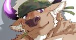  1boy animal_ears bara brown_fur camouflage camouflage_headwear close-up cow_ears cow_horns facial_hair fluffy furry furry_male goatee horns long_sideburns male_focus mature_male minotaur mouth_hold muscular muscular_male paid_reward_available pectorals portrait purple_horns samoji_(beastlover) seductive_smile shennong_(housamo) short_hair sideburns smile solo stalk_in_mouth tokyo_afterschool_summoners 