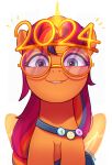 2024 absurd_res badge bite biting_lip blue_eyes blush equid equine ethereal_horn ethereal_wings eyewear front_view fur glasses hasbro hi_res horn looking_at_viewer mammal marenlicious mlp_g5 my_little_pony new_year_2024 orange_body orange_fur shoulder_bag simple_background smile solo sunny_starscout_(mlp) white_background winged_unicorn wings