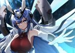  1girl asagiri_rey azur_lane bare_shoulders blue_eyes blue_hair bodystocking breasts cleavage coat coat_on_shoulders commentary_request crossed_bangs elbow_gloves gloves hair_between_eyes hair_intakes hand_on_own_hip headgear highres large_breasts long_hair looking_at_viewer new_jersey_(azur_lane) partial_commentary rigging see-through see-through_cleavage sidelocks smile solo standing upper_body very_long_hair white_coat white_gloves 