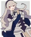  1girl armor black_hairband blue_cape border cape corrin_(female)_(fire_emblem) corrin_(fire_emblem) do_m_kaeru fire_emblem fire_emblem_fates gauntlets grey_background grey_hair hair_between_eyes hairband long_hair looking_at_viewer open_mouth outside_border pointy_ears red_eyes simple_background smile solo twitter_username very_long_hair white_border 