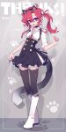  1girl :d absurdres animal_ears black_choker black_skirt black_thighhighs boots breasts buttons cat_ears cat_tail choker collared_shirt double-breasted fake_animal_ears fake_tail full_body hair_between_eyes hair_ribbon hand_up high-waist_skirt highres imazawa knee_boots long_hair long_sleeves looking_at_viewer motion_lines neck_ribbon open_mouth original paw_print petticoat pleated_skirt purple_eyes red_hair red_ribbon ribbon shadow shirt shirt_tucked_in side_ponytail skirt skirt_hold sleeves_rolled_up small_breasts smile solo suspender_skirt suspenders tail thighhighs white_footwear white_ribbon white_shirt zettai_ryouiki 