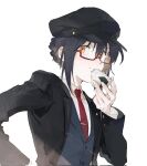  1other androgynous black_hair black_headwear black_jacket blue_vest braid braided_bun cabbie_hat eating fate/grand_order fate/samurai_remnant fate_(series) food food_on_face glasses hair_bun hand_on_own_hip hat highres holding holding_food jacket mimulishizi necktie official_alternate_costume official_alternate_hairstyle onigiri red-framed_eyewear red_necktie rice rice_on_face saber_(fate/samurai_remnant) sidelocks simple_background suit_jacket tie_clip vest white_background yellow_eyes 