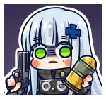  1girl black_jacket blunt_bangs blush_stickers chibi chinese_commentary commentary_request cross cross_hair_ornament explosive finger_on_trigger frown girls&#039;_frontline green_eyes grenade grey_hair gun hair_ornament hands_up highres hk416_(girls&#039;_frontline) holding holding_grenade holding_gun holding_weapon iron_cross jacket long_hair looking_at_viewer official_art parted_lips purple_background shaded_face simple_background solo su_xiao_jei teardrop_facial_mark upper_body very_long_hair weapon 