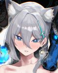  1girl animal_ear_fluff blue_archive blue_eyes collarbone cross_hair_ornament dragon eastern_dragon grey_hair hair_between_eyes hair_ornament heart heart-shaped_pupils highres kazane-wind looking_at_viewer parted_lips shiroko_(blue_archive) shiroko_terror_(blue_archive) solo sweatdrop symbol-shaped_pupils upper_body 