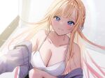  1girl absurdres bare_shoulders blonde_hair blue_eyes blurry blurry_background blush bra breasts chigusa_minori cleavage closed_mouth collarbone floating_hair highres indoors jacket light_particles long_hair looking_at_viewer make_heroine_(spicestudio) misaki_(make_heroine) navel official_art purple_jacket solo stomach tearing_up underwear white_bra 