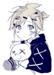  1boy bandaid bandaid_on_cheek bandaid_on_face black_jacket blonde_hair character_request check_character cropped_torso grey_eyes hair_ornament hairclip heart heart_hair_ornament jacket kagamine_len kuroi_(liar-player) looking_at_viewer male_focus parted_lips project_sekai simple_background solo stuffed_animal stuffed_toy teddy_bear twitter_username upper_body vocaloid white_background x_hair_ornament 
