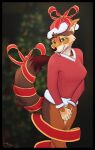 2023 5_fingers absurd_res accessory anthro blurred_background bottomless bottomless_anthro bottomless_female bow_ribbon breasts brown_body brown_fur brown_nose canid canine canis chest_tuft christmas christmas_clothing christmas_headwear christmas_tree clothed clothing costume covering covering_crotch cute_fangs detailed_background digital_drawing_(artwork) digital_media_(artwork) dipstick_tail dreamtanker eyebrows female fingers fur furgonomics gift_bow gift_wrapped green_eyes hat head_tuft headgear headwear hi_res holidays inner_ear_fluff looking_at_viewer mammal markings multicolored_body multicolored_fur nipple_outline orange_body orange_ears orange_fur plant raised_tail red_wolf rhea_(nicnak044) ribbons santa_costume santa_hat signature solo standing tail tail_accessory tail_markings tail_ribbon tan_body tan_fur tan_inner_ear_fluff tongue tongue_out topwear tree tuft two_tone_tail wolf