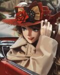  1girl adapted_costume album_cover_redraw blonde_hair blue_eyes blurry blurry_background brown_coat car car_interior coat convertible coppr derivative_work flower flower_ring genshin_impact hand_on_headwear hat hat_feather hat_flower highres jewelry lips lipstick looking_to_the_side makeup motor_vehicle navia_(genshin_impact) outdoors red_flower red_headwear red_lips red_rose ring rose solo teeth tongue tongue_out twitter_username upper_body upper_teeth_only 