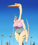 absurd_res anthro arttukorppu azhdarchid big_beak big_breasts bottomwear breasts clothed clothing container cup cutoffs daisy_dukes denim denim_bottomwear denim_clothing dinosaur feathered_dinosaur feathers female front_view fully_clothed hi_res holding_container holding_cup holding_object hotpants long_beak long_neck nipple_outline outside pterosaur quetzalcoatlus reptile scalie shirt shorts sky smile solo standing tall tank_top thick_thighs topwear white_body white_feathers