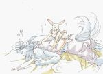  2020 anthro beastars bodily_fluids butt canid canine canis clothed clothing duo female fully_clothed fur grey_body grey_fur haru_(beastars) japanese_text kneeling lagomorph legoshi_(beastars) leporid lying male mammal mizue on_front on_top rabbit simple_background sweat sweatdrop tailwag text white_background white_body white_fur wolf 