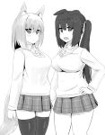  animal_humanoid big_breasts bottomwear breasts clothed clothing duo female hand_on_hip humanoid legwear monochrome nao_(artist) simple_background skirt thigh_highs white_background 