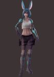  1girl animal_ears bangs blue_eyes blue_hair boots brown_background bunny_ears commission cyberpunk cyborg facing_viewer final_fantasy final_fantasy_xiv full_body holster mechanical_arm midriff parted_lips short_hair solo tank_top thigh_holster viera vincent_andrada 