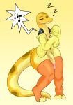  2020 anthro bottomless clothed clothing eyes_closed genitals girly headphones_around_neck hi_res hoodie legwear male markings music musical_note not_a_furfag partially_clothed penis reptile scalie simple_background sleeping snake solo sound_effects stockings thick_thighs topwear uncut yellow_background yellow_body zzz 