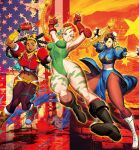  3girls american_flag blonde_hair bodypaint bracelet braid breasts bun_cover cammy_white china_dress chinese_clothes chun-li dark_skin double_bun dress earbuds earphones genzoman great_wall_of_china green_leotard hair_bun highres jewelry kimberly_jackson leotard listening_to_music midriff multiple_girls navel open_mouth pantyhose people&#039;s_republic_of_china_flag quad_braids scar scar_on_cheek scar_on_face spiked_bracelet spikes street_fighter twin_braids 