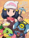  1girl aerodactyl arc_draws beanie blue_hair closed_mouth dark_blue_hair dawn_(pokemon) evolutionary_stone fossil grey_eyes hair_ornament hands_up hat helix_fossil highres holding holding_pickaxe pickaxe pink_scarf pokemon pokemon_(creature) pokemon_bdsp riolu scarf shiny_stone_(pokemon) short_hair smile split_mouth turtwig water_stone white_headwear 