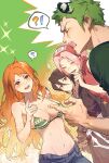  !? 1boy 3girls ? bare_shoulders bikini bikini_top_only black_hair black_kimono bleach blue_pants breasts cleavage crossover green_hair hair_between_eyes haruno_sakura highres japanese_clothes jyukawa kimono konohagakure_symbol kuchiki_rukia long_hair multiple_girls nami_(one_piece) naruto_(series) naruto_shippuuden navel one_piece open_mouth orange_eyes orange_hair pants pink_hair roronoa_zoro scar scar_across_eye short_hair swimsuit teeth 