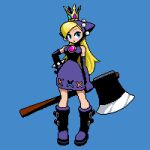  1girl axe blonde_hair blue_background blue_eyes blush boots bracelet cross_cutout crown dress holding holding_axe jewelry long_hair mabius mario_(series) pixel_art purple_dress simple_background solo spiked_bracelet spikes standing warupeach 
