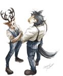  2020 anthro antlers beastars brown_body brown_fur butt canid canine canis cervid cheek_tuft clothed clothing crossed_arms duo facial_tuft fully_clothed fur grey_body grey_fur hi_res high-angle_view horn legoshi_(beastars) louis_(beastars) male mammal mizue simple_background standing tuft white_background wolf 