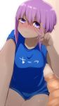  1girl bangs blue_shirt blush breasts closed_mouth clothes_writing collarbone dark_skin eyebrows_visible_through_hair fate/prototype fate/prototype:_fragments_of_blue_and_silver fate_(series) hair_between_eyes hassan_of_serenity_(fate) highres i.u.y nervous_smile nose_blush purple_eyes purple_hair shirt short_sleeves small_breasts solo sweat v_over_eye wavy_mouth 