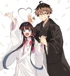  1boy 1girl black-framed_eyewear black_hair black_kimono blue_eyes board_game brown_hair formal glass hair_ornament highres hinatsuru_ai holding_hands holding_shogi_piece japanese_clothes kimono kuzuryuu_yaichi long_hair low_twintails open_mouth ryuuou_no_oshigoto! shirabi short_hair smile snowflake_hair_ornament twintails white_kimono 