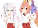  2girls animal_ear_fluff animal_ears blowing_kiss blue_bow blush bow brown_eyes commentary_request crossover earrings elf fate/extra fate_(series) fox_ears fox_girl fox_tail frieren green_eyes grey_hair hair_between_eyes hair_bow hakama hakama_skirt haryuu_(poetto) heart highres japanese_clothes jewelry kimono long_hair long_sleeves miko multiple_girls parted_bangs pink_hair pointy_ears ponytail puckered_lips red_hakama short_eyebrows signature simple_background skirt sousou_no_frieren tail tamamo_(fate) tamamo_no_mae_(fate/extra) thick_eyebrows twintails very_long_hair white_background white_kimono wide_sleeves 