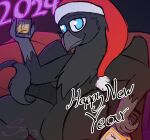 alcohol avian beverage bottle christmas christmas_clothing christmas_headwear clothing container corvus_(sombird) feral gryphon hat headgear headwear hi_res holidays looking_at_viewer male mythological_avian mythology neon new_year santa_hat seat sitting solo sombird text whiskey whiskey_glass