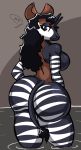  2020 aliasing anthro big_breasts big_butt black_hair breasts butt digital_media_(artwork) eyelashes female giraffid hair horn huge_butt looking_at_viewer looking_back mammal mdjoe multicolored_body nude okapi side_boob signature simple_background solo stripes thick_thighs 