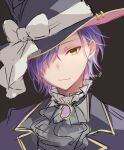  1boy ascot black_background black_headwear blue_hair bow brooch grey_ascot grey_headwear hair_over_one_eye hat hat_bow highres jacket jewelry kamishiro_rui kuroi_(liar-player) male_focus multicolored_hair project_sekai purple_hair purple_jacket shirt simple_background sketch solo streaked_hair tilted_headwear top_hat twitter_username upper_body white_bow white_shirt yellow_eyes 