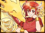  1boy 2024 artist_name betabetamaru bob_cut bracelet dragon fire_emblem fire_emblem:_mystery_of_the_emblem gold_bracelet grin happy_new_year head_on_hand highres jewelry looking_at_viewer red_eyes red_hair red_shirt shirt smile solo teeth tiki_(fire_emblem) tiki_(young)_(fire_emblem) upper_body xane_(fire_emblem) 