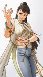  1girl bracelet breasts brown_eyes chun-li commentary_request earrings highres jewelry large_breasts long_hair looking_at_viewer nail_polish navel official_alternate_costume pants smile solo street_fighter street_fighter_6 white_background x_chitch 