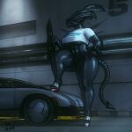 alien alien_(franchise) anthro barely_visible_genitalia barely_visible_pussy bottomless breasts car clothed clothing eyeless female fingers footwear genitals gun hi_res holding_gun holding_object holding_weapon not_furry pussy ranged_weapon shoes sligarthetiger solo standing teeth thick_thighs under_boob vehicle weapon xenomorph