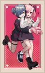  2girls ? absurdres bare_legs black_choker black_footwear black_nails blue_hair bow box choker collarbone ear_piercing english_text gift gift_box hair_bow hair_ornament hair_over_one_eye heart heart-shaped_box highres hug jewelry k-rha&#039;s kamiko_(k-rha) looking_at_another medium_hair multiple_girls original piercing pink_eyes pink_hair purple_skirt ring short_hair short_twintails shorts skirt skull_hair_ornament sweatdrop sweater thighhighs twintails two-tone_background untied_shoe violett_(k-rha) when_you_see_it white_sweater yellow_eyes yuri zipper_skirt 