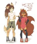 2024 absurd_res anthro apogee_(tinygaypirate) brown_body brown_fur brown_hair canid canine canis clothed clothing digital_media_(artwork) dingo domestic_dog don&#039;t_talk_to_me_or_my_son_ever_again duo english_text female floppy_ears footwear fully_clothed fur hair hi_res looking_at_another mammal meme midriff shoes simple_background tan_body tan_fur text tinygaypirate white_background