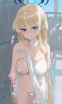 1girl alternate_costume bare_shoulders blonde_hair blue_archive blue_eyes blush braid breasts censored choker cleavage clothes_lift collarbone commentary_request dema_hmw dress earrings female_pubic_hair french_braid halo heart heart_censor heart_pasties highres jewelry large_breasts long_hair looking_at_viewer navel pasties pubic_hair solo toki_(blue_archive) wet white_dress 