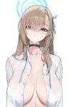  1girl asuna_(blue_archive) blue_archive blue_choker blue_eyes blue_halo blue_ribbon breasts brown_hair choker closed_mouth hair_over_one_eye hair_ribbon halo highres jason_kim large_breasts long_hair open_clothes open_shirt ribbon shirt simple_background solo upper_body white_background white_shirt 