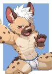 abs anthro athletic athletic_male band-aid bandage blush clothed clothing guran_demoneko hi_res hyena male mammal pecs selfie solo topless translucent translucent_clothing underwear underwear_only