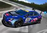  2024 absurdres arrow_(symbol) azur_lane car cloud company_name english_commentary forest highres holeecrab logo motor_vehicle nature no_humans nurburgring race_vehicle racecar racetrack sky spoiler_(automobile) subaru_(brand) subaru_wrx tree vehicle_focus 