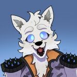 anthro arctic_fox blue_eyes canid canine clothing epic_games fortnite fox fur happy hi_res latex latex_clothing looking_at_viewer male mammal open_mouth pilotfoxy smile smiling_at_viewer solo spikes teeth volpez_(fortnite) white_body white_fur