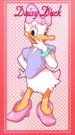  2019 absurd_res accessory anatid anseriform anthro avian beak bird clothing daisy_duck disney duck english_text eyeshadow female footwear hair_accessory hair_bow hair_ribbon hi_res high_heels makeup open_mouth open_smile raruru ribbons shoes signature smile solo text 
