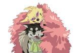  absurdres animal_focus animalization ascot brown_eyes cigar coat commentary_request crocodile_(one_piece) dog donquixote_doflamingo fangs fur_coat green_ascot highres ks_lobos no_humans one_piece pink_coat scar scar_on_face simple_background smile sunglasses thai_commentary white_background 