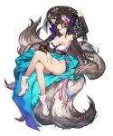  1girl animal_ear_fluff animal_ears armpits blue_dress braid breast_tattoo breasts brown_dust_2 brown_hair crossed_legs curvy dalvi_(brown_dust) deep_skin detached_sleeves dress floral_print flower fox_ears fox_tail full_body hair_between_eyes hair_flower hair_ornament hand_on_headwear hand_on_own_thigh hat high_heels highres jingasa large_breasts lipstick long_hair looking_at_viewer makeup multiple_tails official_art second-party_source shiny_skin sitting_on_own_tail smile socks solo stiletto_heels tail tattoo thick_thighs thighs triangle_mouth two-tone_dress very_long_hair white_dress white_footwear white_socks 