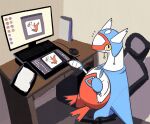 3_fingers absurd_res cape chair clothed clothing computer computer_mouse desk electronics female feral fingers folder furniture generation_3_pokemon gloves handwear hi_res hoodie inside latias legendary_pokemon looking_at_viewer monitor nintendo office_chair pen pokemon pokemon_(species) red_body simple_background solo solo_focus table tablet topwear unknown_artist white_body yellow_eyes