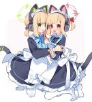  2girls ^^^ animal_ear_headphones animal_ears apron arm_around_waist back_bow black_dress blonde_hair blue_archive blue_ribbon blush bow dress fake_animal_ears fake_tail green_eyes halo headphones incest kneeling looking_at_viewer low_twintails maid maid_apron maid_headdress midori_(blue_archive) midori_(maid)_(blue_archive) momoi_(blue_archive) momoi_(maid)_(blue_archive) multiple_girls neck_ribbon pantyhose parted_bangs red_eyes ribbon siblings sidelocks simple_background sisters sweatdrop tail twins twintails undone_neck_ribbon undressing_another white_pantyhose yun_(dust-i1) yuri 