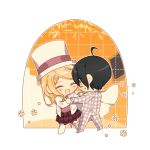  1boy 1girl :d ahoge akamatsu_kaede alternate_costume black_hair blush brown_eyes cape chibi danganronpa_(series) danganronpa_v3:_killing_harmony facing_another flower hair_ornament hat jacket looking_at_another miniskirt musical_note musical_note_hair_ornament orange_background pants pink_sweater_vest plaid plaid_jacket plaid_pants red_skirt saihara_shuichi skirt smile sweater_vest top_hat unyull_(qkralsrudchlrh) white_background white_cape white_headwear white_jacket 