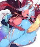  2girls ass black_thighhighs blue_eyes blue_hair blue_sclera blue_skin bodysuit breasts censored closed_mouth colored_sclera colored_skin dawnbringer_soraka gradient_hair highres large_breasts league_of_legends mosaic_censoring multicolored_hair multiple_girls nightbringer_soraka nipples object_insertion pepper0 pointy_ears purple_hair pussy red_hair red_skin selfcest simple_background single_thighhigh soraka_(league_of_legends) thighhighs vaginal vaginal_object_insertion white_background yuri 