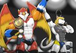 abs anthro avian biceps bulge champion_belt clothed clothing dragon duo electronics gryphon hi_res horn male microphone muscular muscular_male mythological_avian mythology nipples raising_arm shinobiya size_difference topless wings wrestling_boots wrestling_briefs wrestling_gear