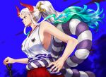  1girl blue_background blue_hair blunt_ends breasts club_(weapon) commentary earrings green_hair hair_ornament hand_on_own_hip highres holding holding_weapon horns japanese_clothes jewelry kanabou kimono living_(pixiv5031111) looking_ahead multicolored_hair one_piece ponytail profile red_horns rope shimenawa sideboob simple_background sleeveless sleeveless_kimono smile upper_body v-shaped_eyebrows weapon white_hair white_kimono yamato_(one_piece) 